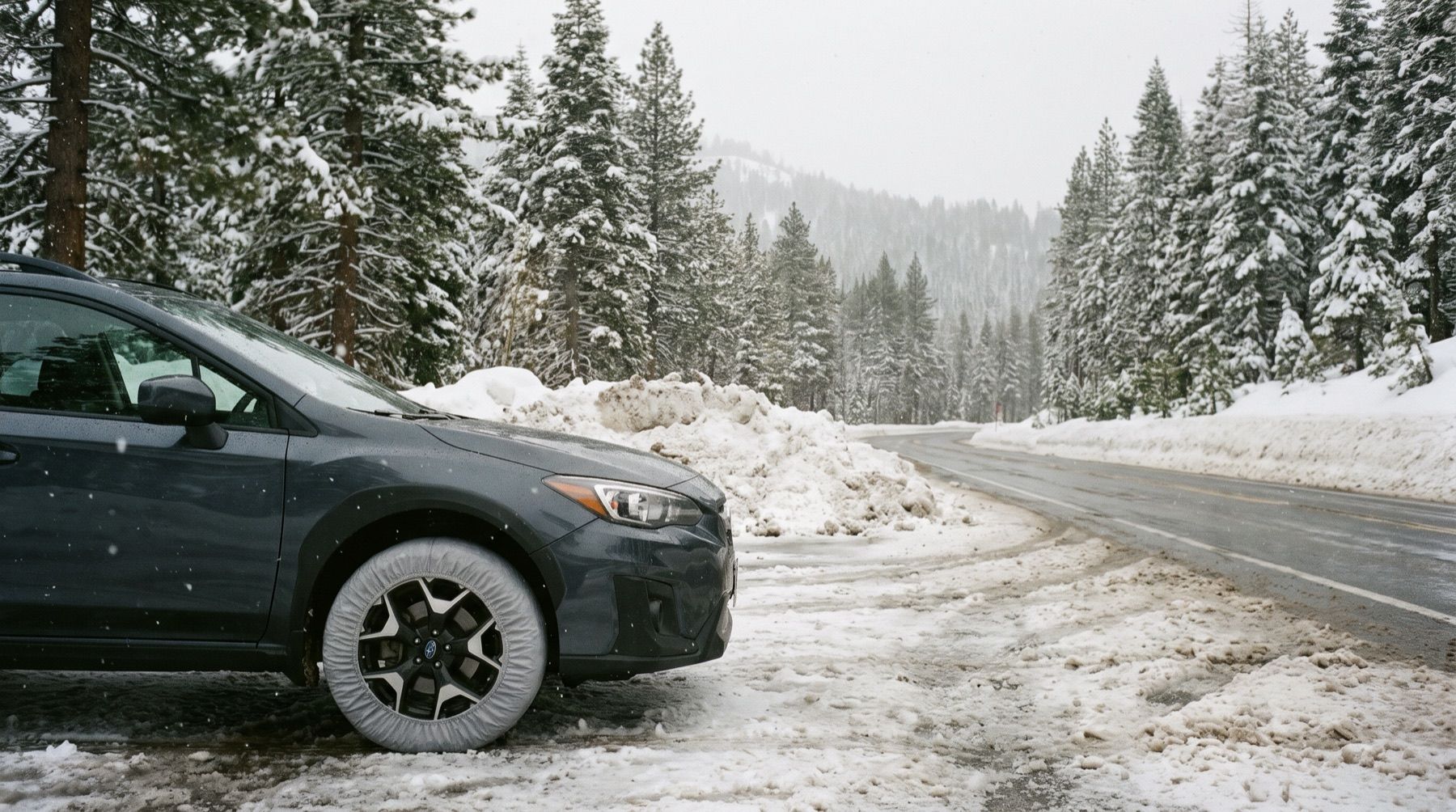A grey SUV in a snowy roadside pullout on a Sierra highway, its front tire covered by a light grey fabric snow sock