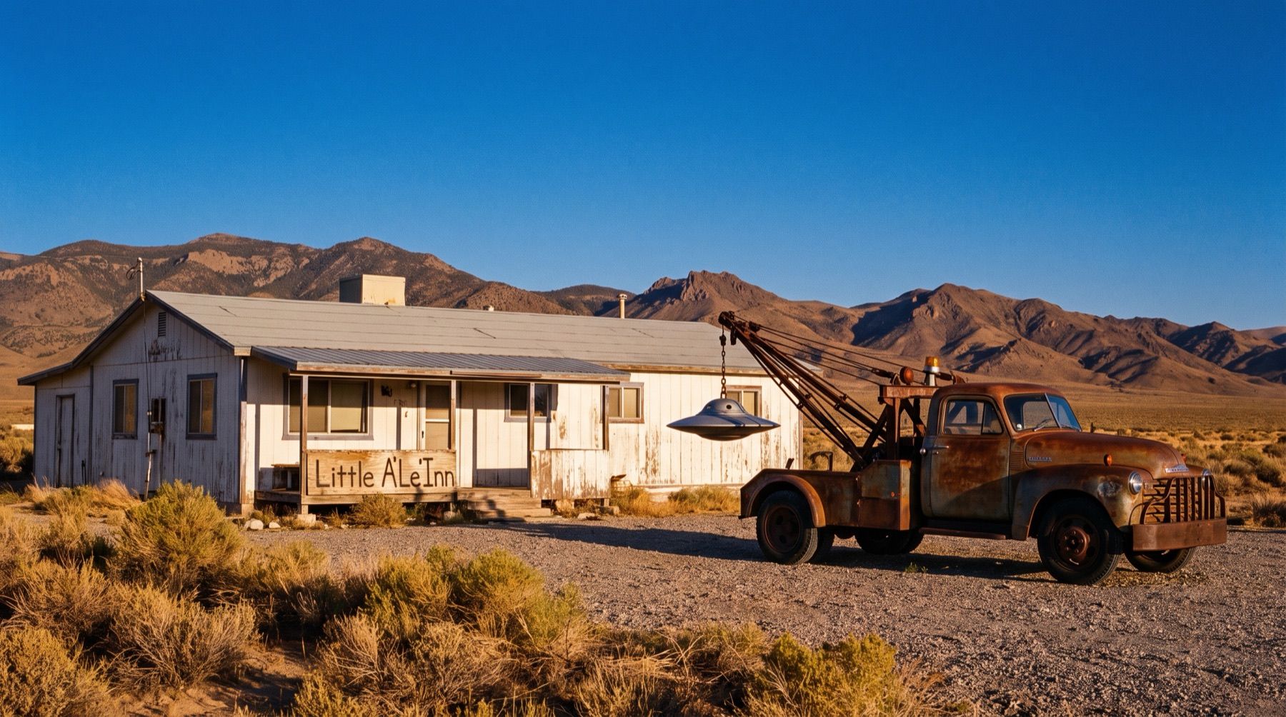 The Little A'Le'Inn building and tow truck in Rachel, Nevada, beneath an open desert sky.