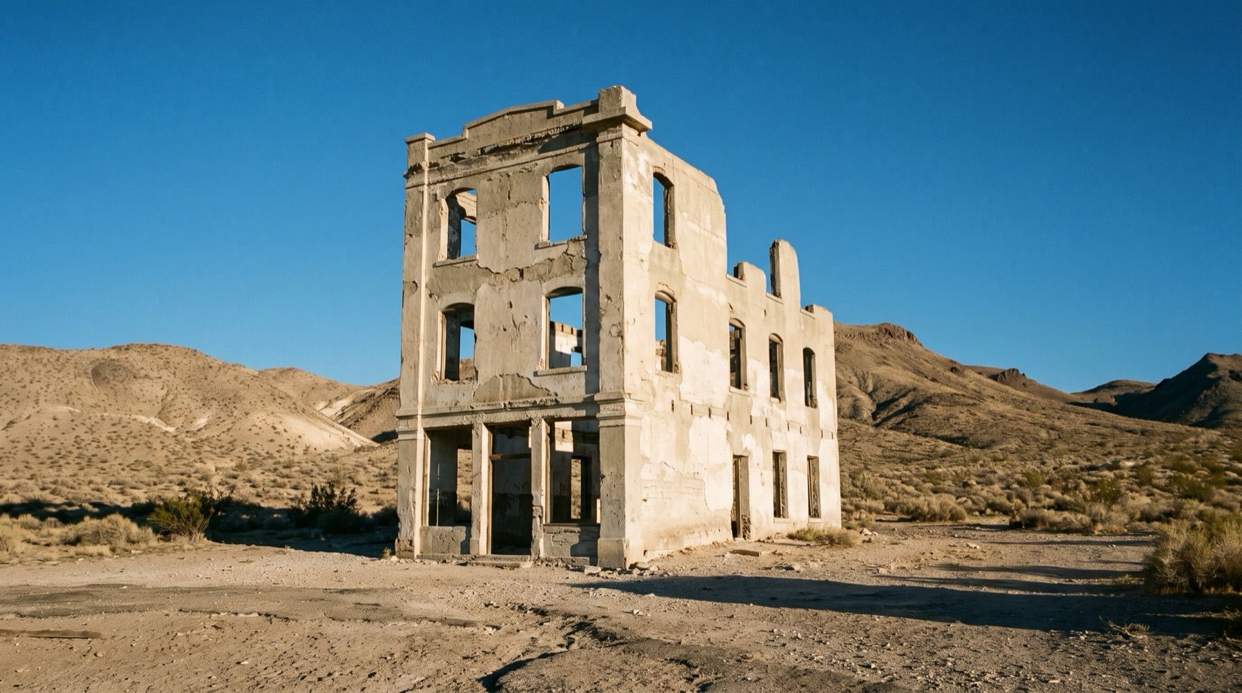 Ruins of a three-story concrete bank building under a clear desert sky in Rhyolite, Nevada.