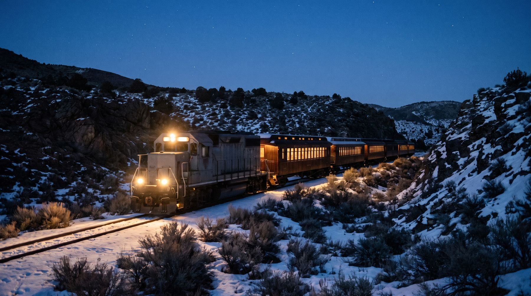 A diesel locomotive pulling lit vintage coaches through a snowy canyon at night.