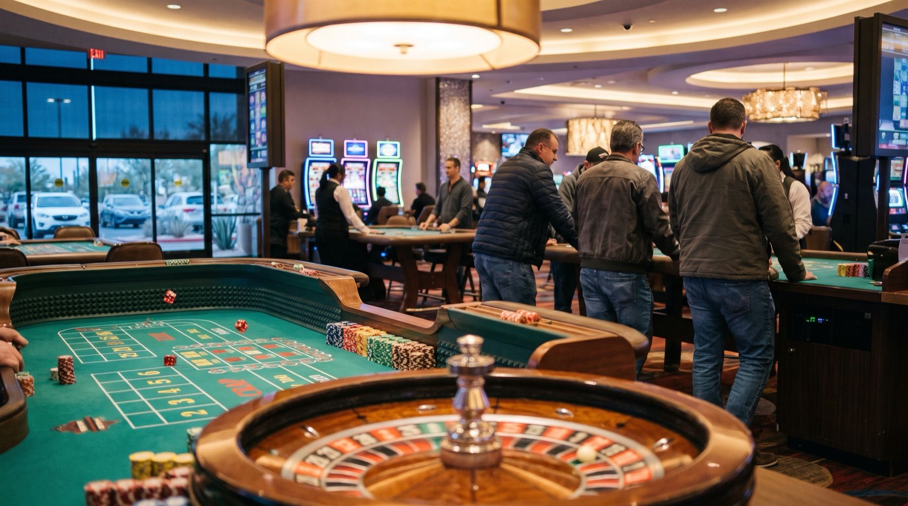 A roulette wheel in the foreground with a craps table and players behind it in a modern casino