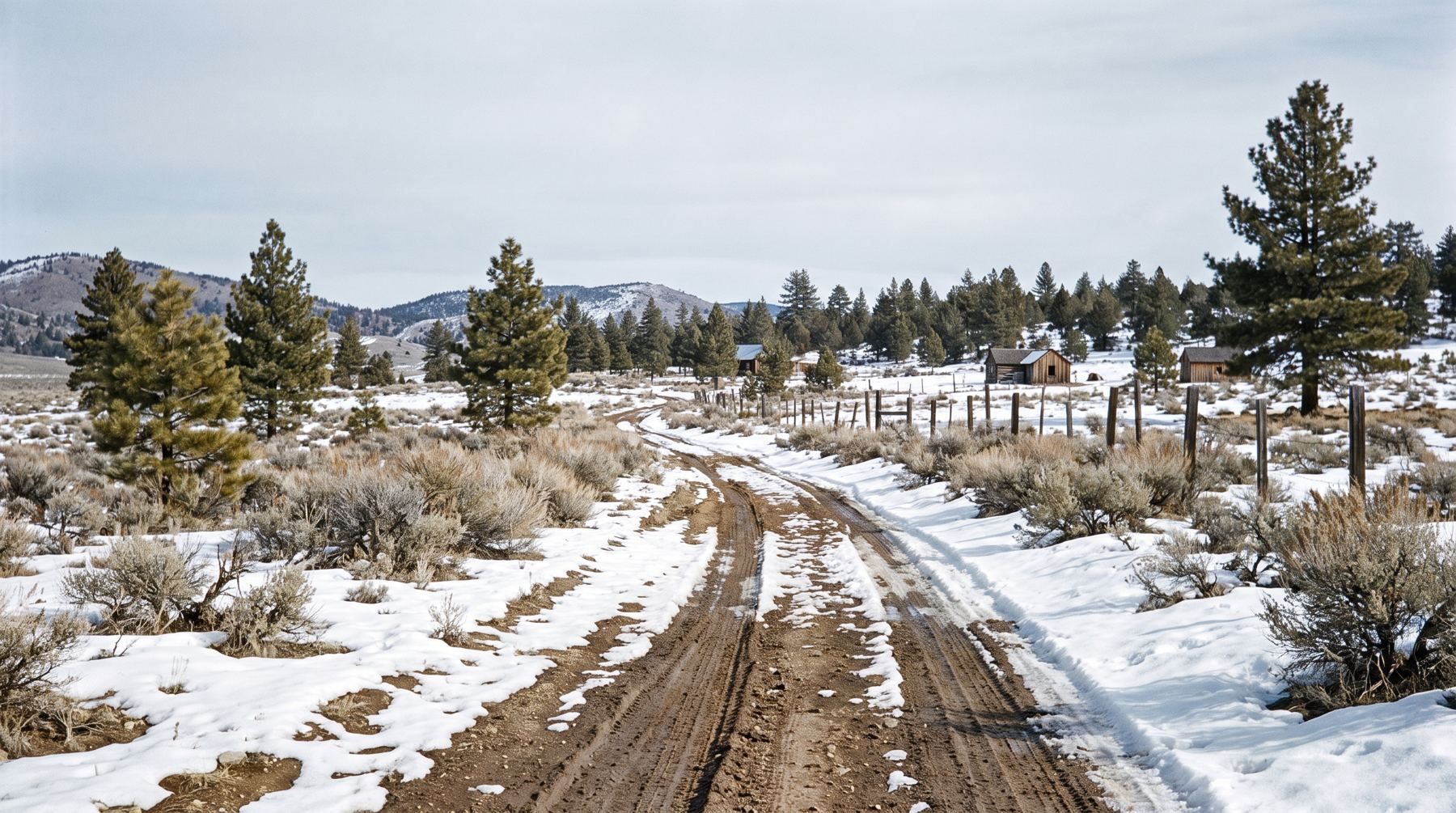 Snow-dusted pine trees along an unpaved winter road in the foothills near Carson City, Nevada.