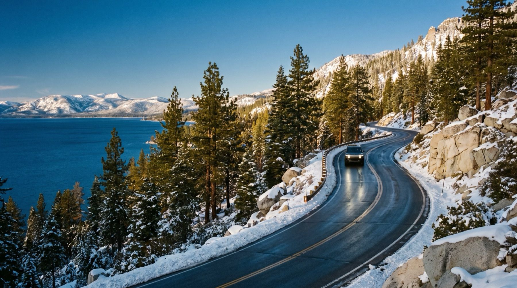 A mountain highway above Lake Tahoe in early winter, the lake deep blue below snowy peaks.