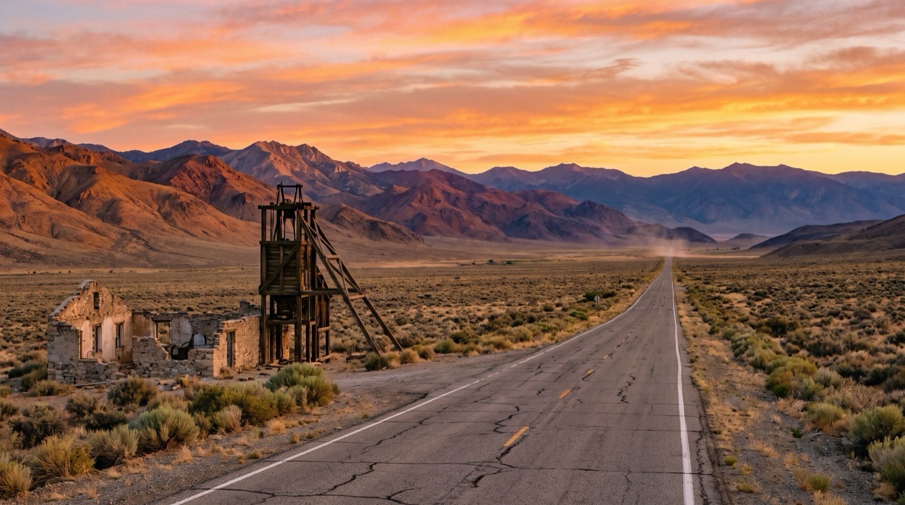 An empty two-lane highway crossing a sagebrush valley toward desert ranges at sunset, past an old mine headframe.